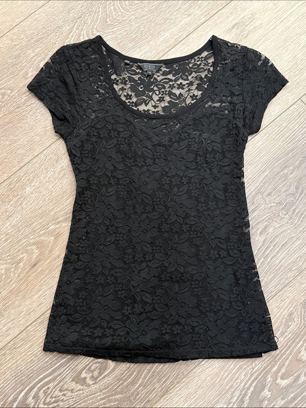 Guess Black Lace Short-Sleeve Scoop Neck Top